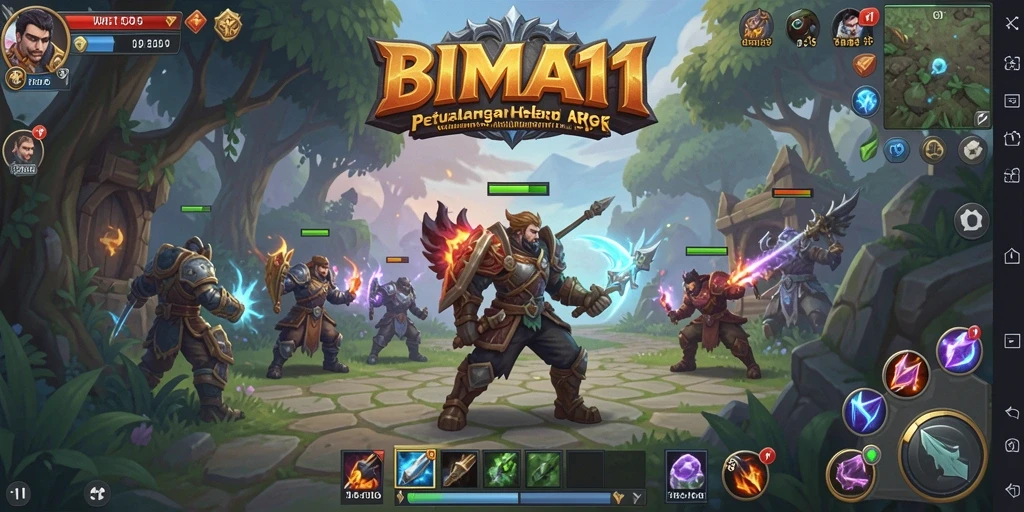 Screenshot gameplay ARPG BIMA11 yang menampilkan pertarungan epik.