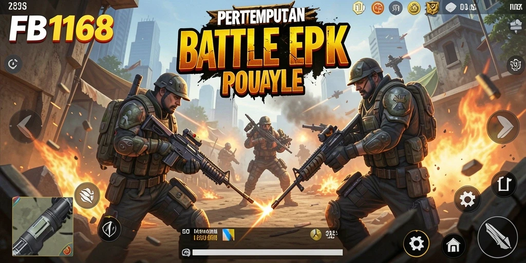 Screenshot FB168 menunjukkan aksi pertempuran intens dalam Battle Royale.