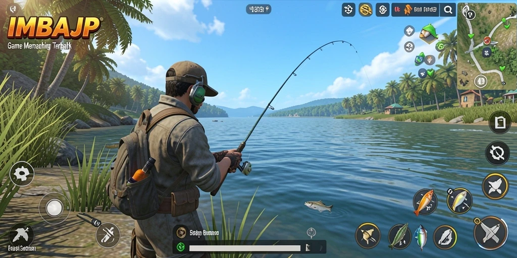 Screenshot gameplay IMBAJP menunjukkan aksi memancing yang seru dan ikan beragam.